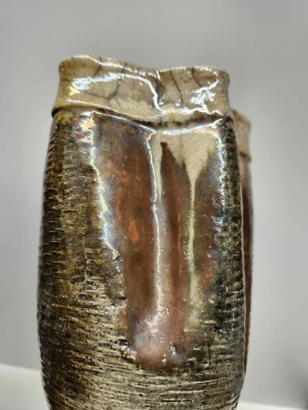 Raku Pottery Vase Earth Tones 7.75